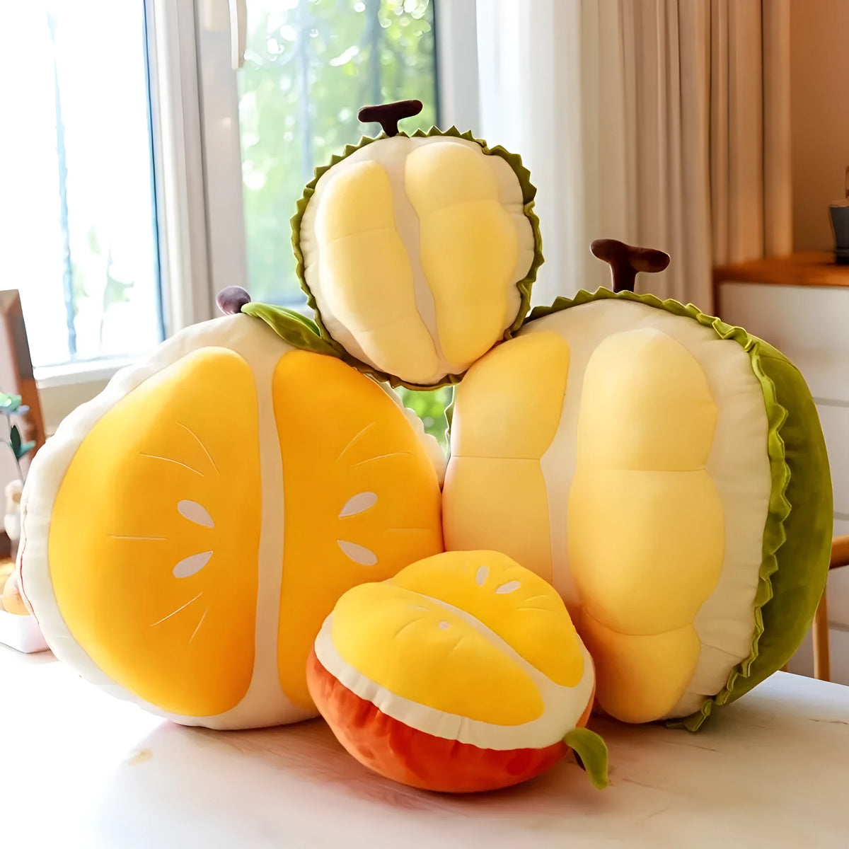 Plush toy doll in durian and orange designs, 27cm and 16cm sizes, for infants 0-3 years.