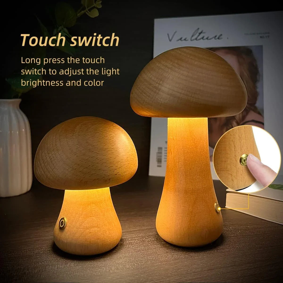 Charming wooden mushroom-shaped LED night light with touch control for bedroom, nursery, or living room decor