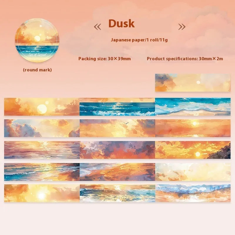 Japanese paper washi tape roll with sky theme decoration, 30mm width, showing colourful clouds pattern