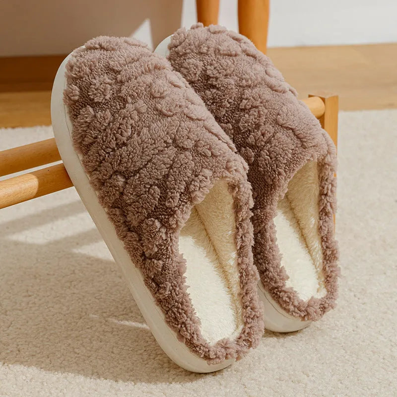 Unisex cartoon plush slippers with memory foam heels and anti-skid EVA soles in pink, green, beige, gray and brown