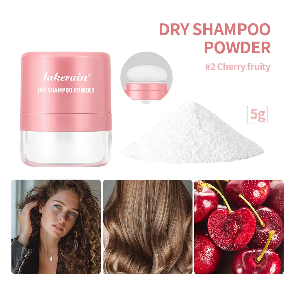 Blue, green, and red sachets of 5g disposable dry shampoo powder with a small mirror for bangs and roots.