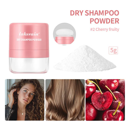 Blue, green, and red sachets of 5g disposable dry shampoo powder with a small mirror for bangs and roots.