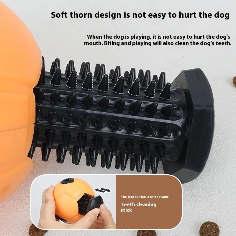 Orange and white TPR rubber dog chew ball toy, shown in hollow and teeth cleaning stick styles.