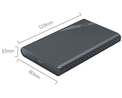 Black 2.5-inch SATA external hard drive case with USB 3.0 Micro-B, 5Gbps, 4TB support, 128x80x15mm