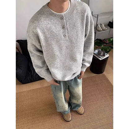 Men's loose fit long sleeve polyester knit sweater pullover in light gray, dark gray, or black, sizes M to XXXL
