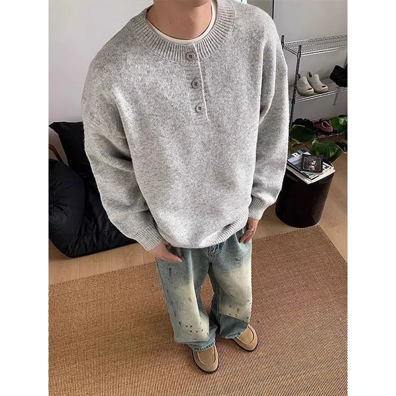Men's Loose Fit Long Sleeve Knit Sweater Pullover Polyester Base Layer in Light Gray Dark Gray or Black Sizes M to XXXL for Autumn Teenagers and Adults Hong Kong Style