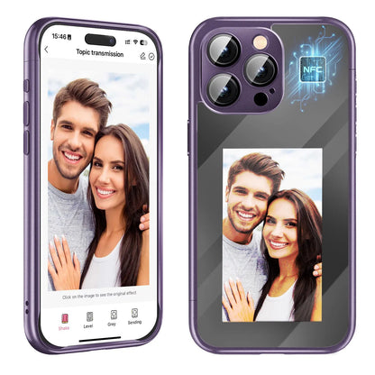 Black iPhone 15 Pro Max flip phone case with a custom graphic displayed on its integrated E Ink screen.