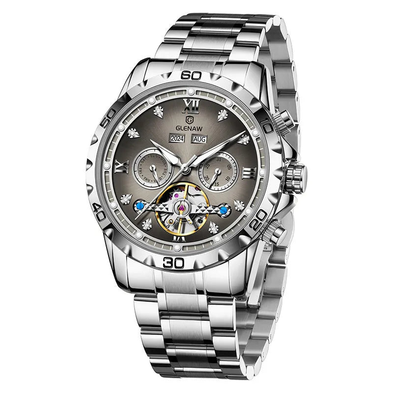 Men's automatic mechanical watch with stainless steel strap and mineral glass, showing silver case with blue surface option