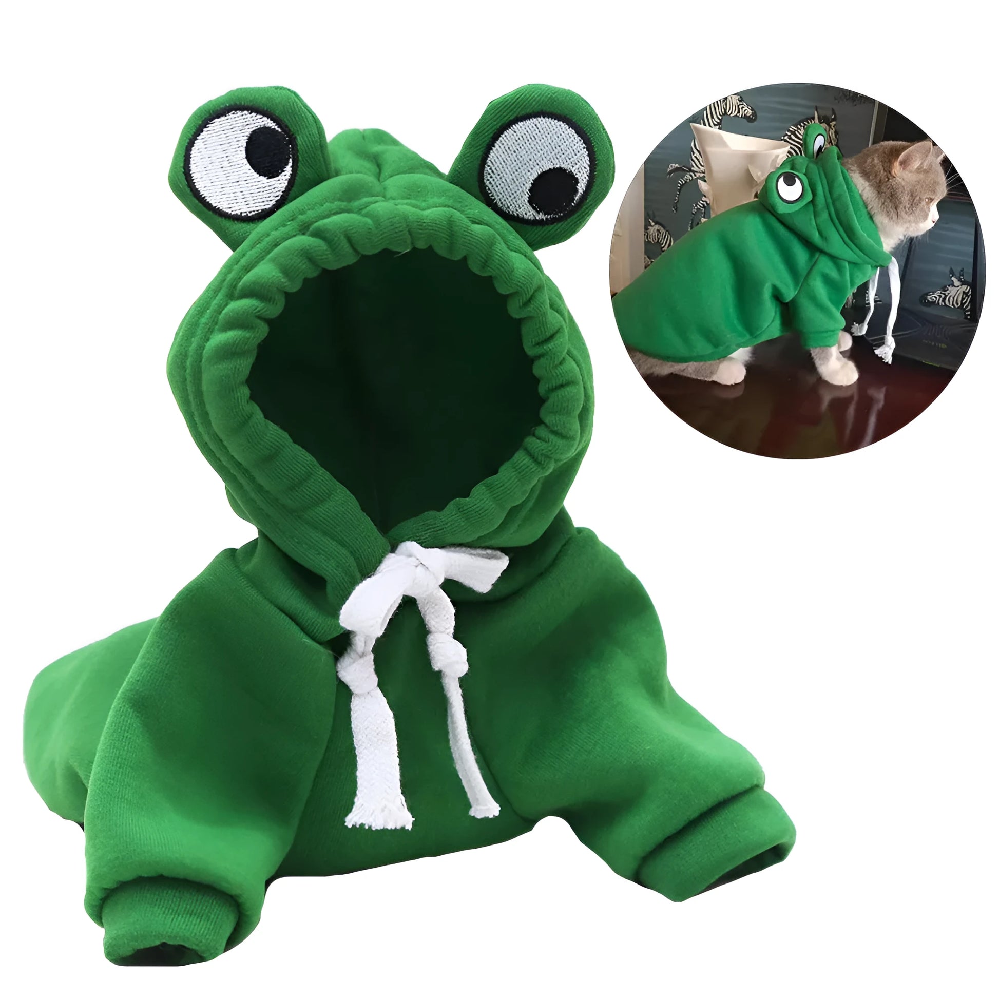 Green frog costume hoodie on small dog showing hood and four-leg design