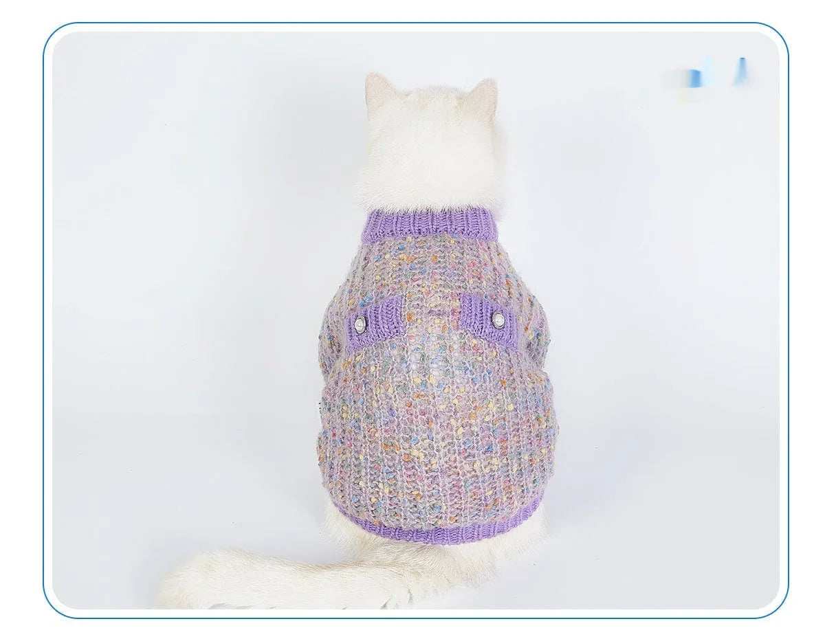 Purple dog cardigan sweater for small to medium breeds in soft polyester material