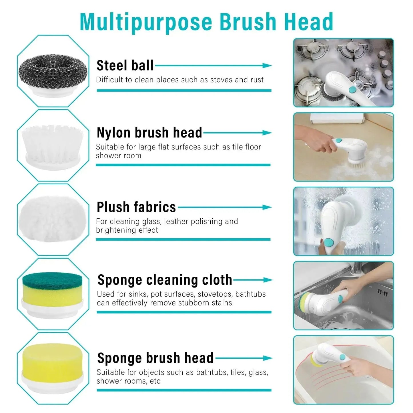 White cordless electric handheld scrubber with five attached brush heads on a kitchen counter