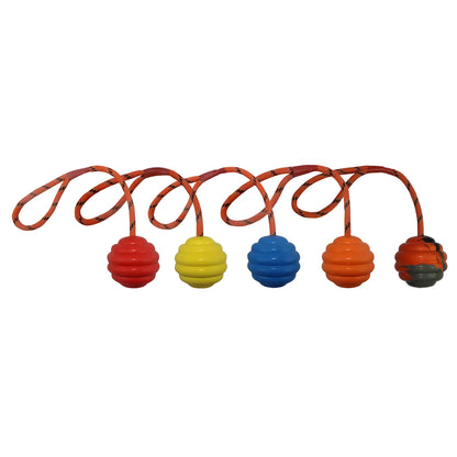 6x30cm multi-colour rubber pet toy ball with rope knot design for dogs