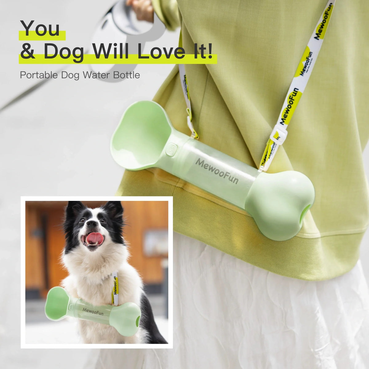 Mewoofun 2-in-1 pet water bottle and feeder bowl in white, green, yellow, and pink