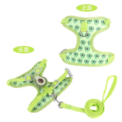 Reflective dog walking chest strap vest for small dogs in avocado, carrot, or strawberry colours