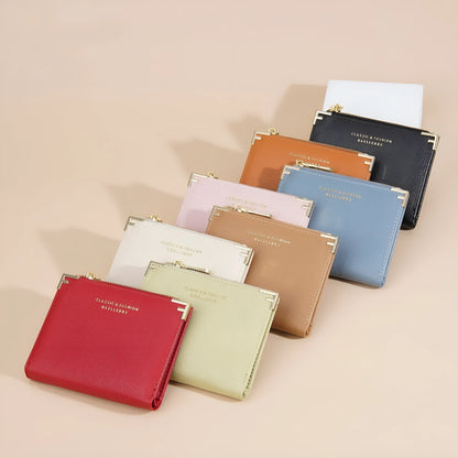 Compact women's wallet showing card slots and zipper coin purse in PU leather