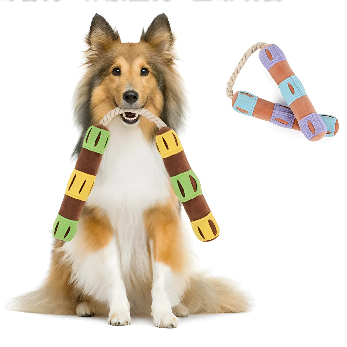 Purple and yellow plush dog snuffle mat interactive puzzle toy for slow feeding