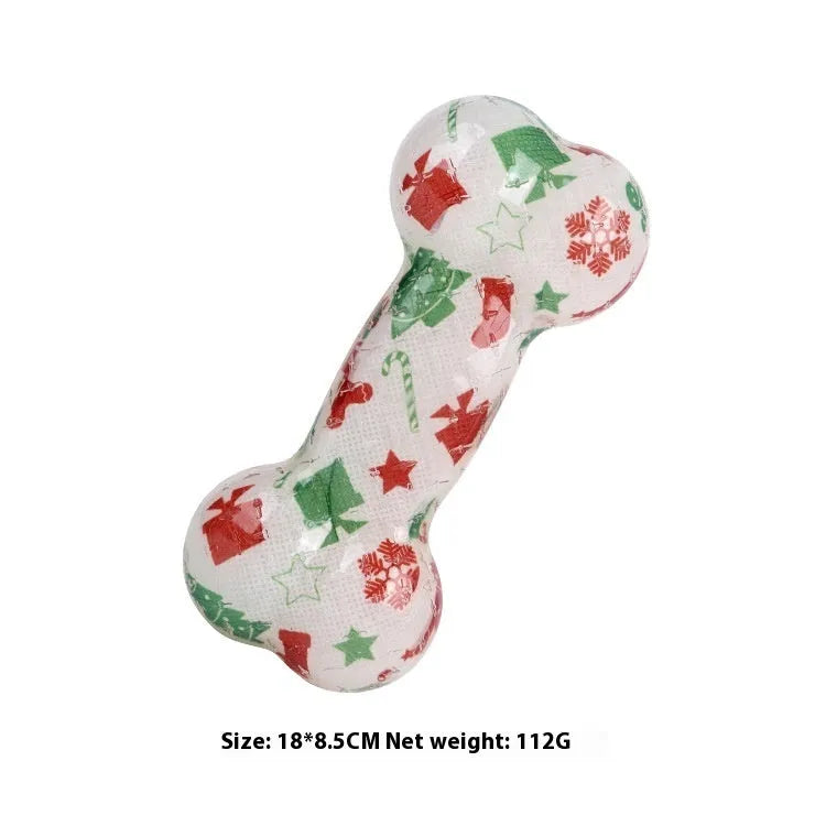 Printed bone TPR dog toy that squeaks when bitten in seasonal colours