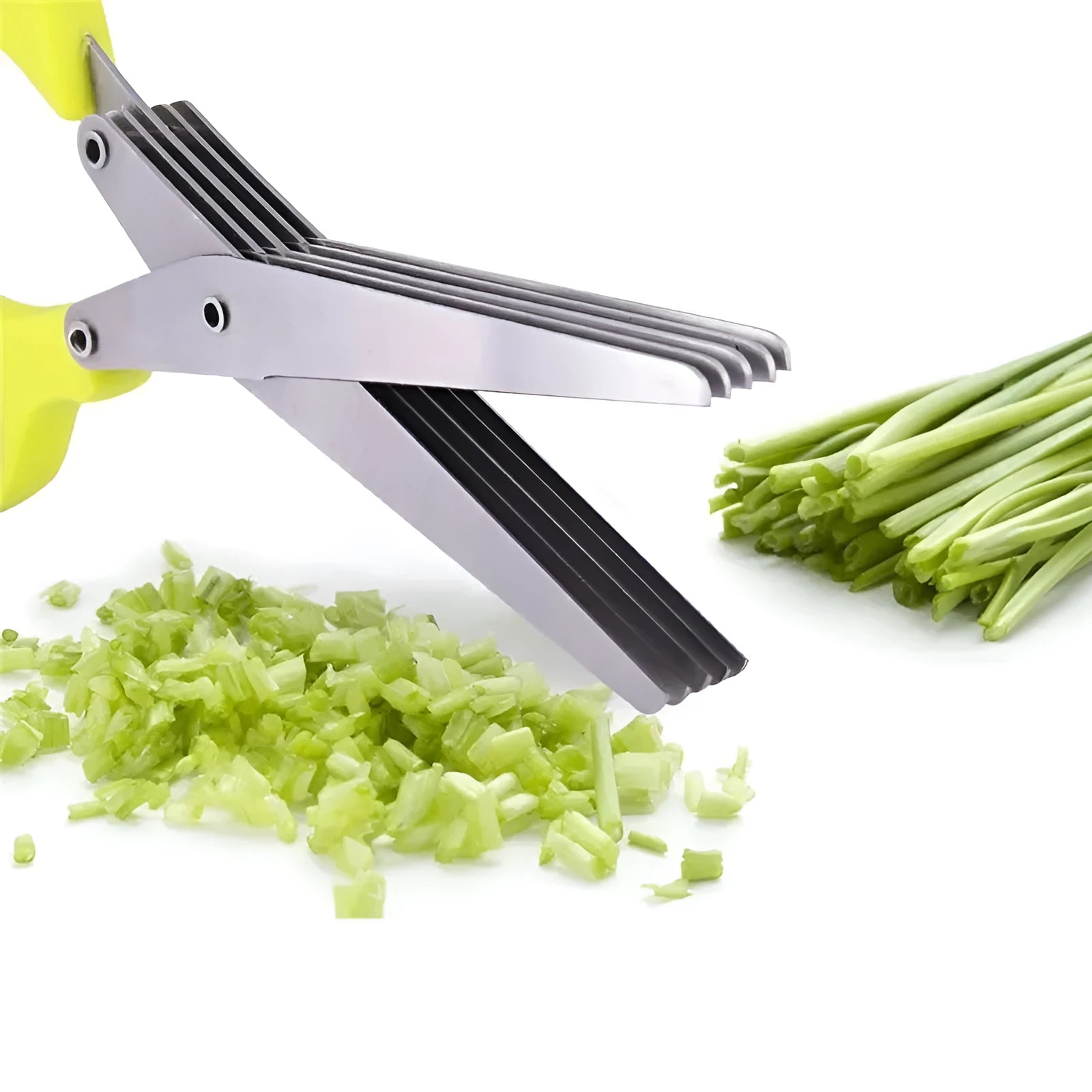 Stainless steel kitchen scissors with five parallel blades for cutting green onions and herbs