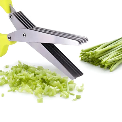 Stainless steel kitchen scissors with five parallel blades for cutting green onions and herbs