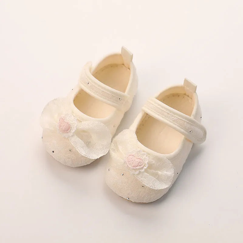 Baby Princess Shoes with Bow, Cotton Cloth Upper, Non-Slip Soft Bottom, Inner Length 11cm 12cm 13cm, Velcro Fastening, Breathable Wear-Resistant, for 12-36 and 24-48 Months, Korean Style Lace