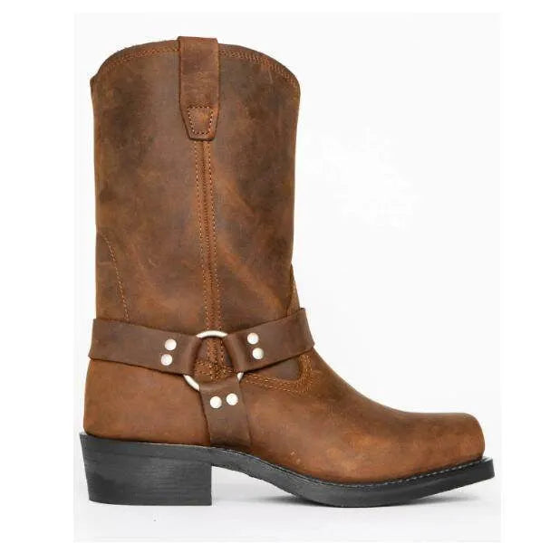 Men's brown cowboy boots with silver buckle ring detail on high-top leather design