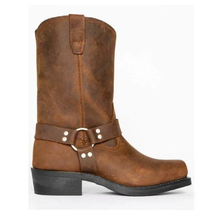 Men's brown cowboy boots with silver buckle ring detail on high-top leather design