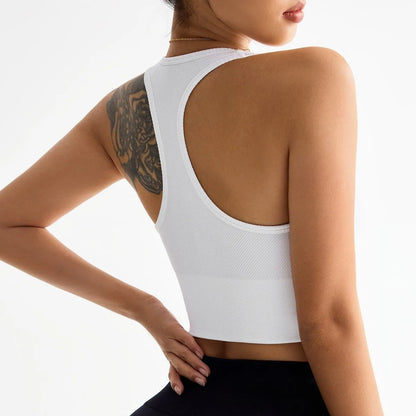 Black women's sports bra with fixed double shoulder straps and a full cup design on a mannequin.