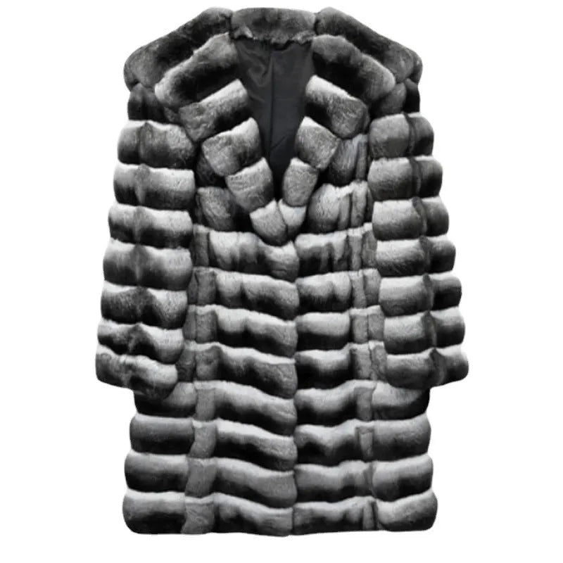 Women's zebra stripe pattern faux fur overcoat with regular sleeves, shown in a medium length.