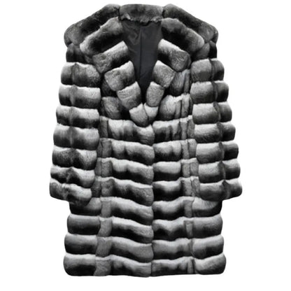 Women's zebra stripe pattern faux fur overcoat with regular sleeves, shown in a medium length.