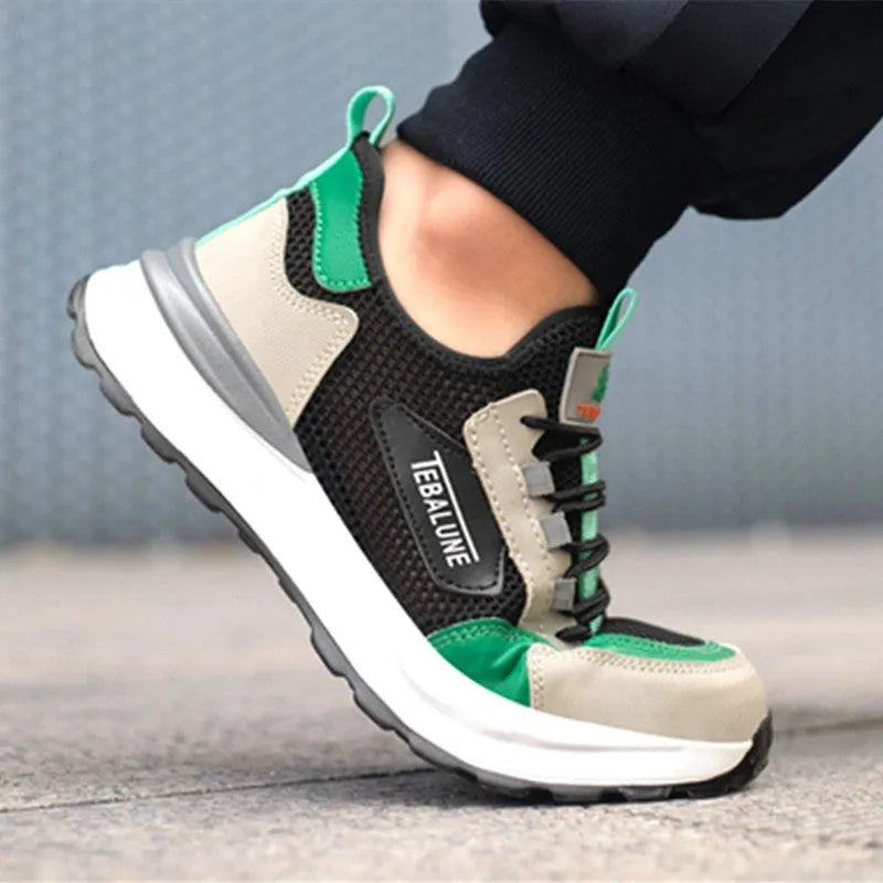 Black green mesh safety shoe with plastic steel toe cap, low-top design, and TPU sole