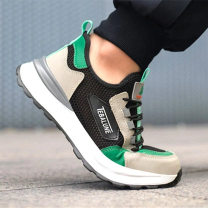 Black green mesh safety shoe with plastic steel toe cap, low-top design, and TPU sole