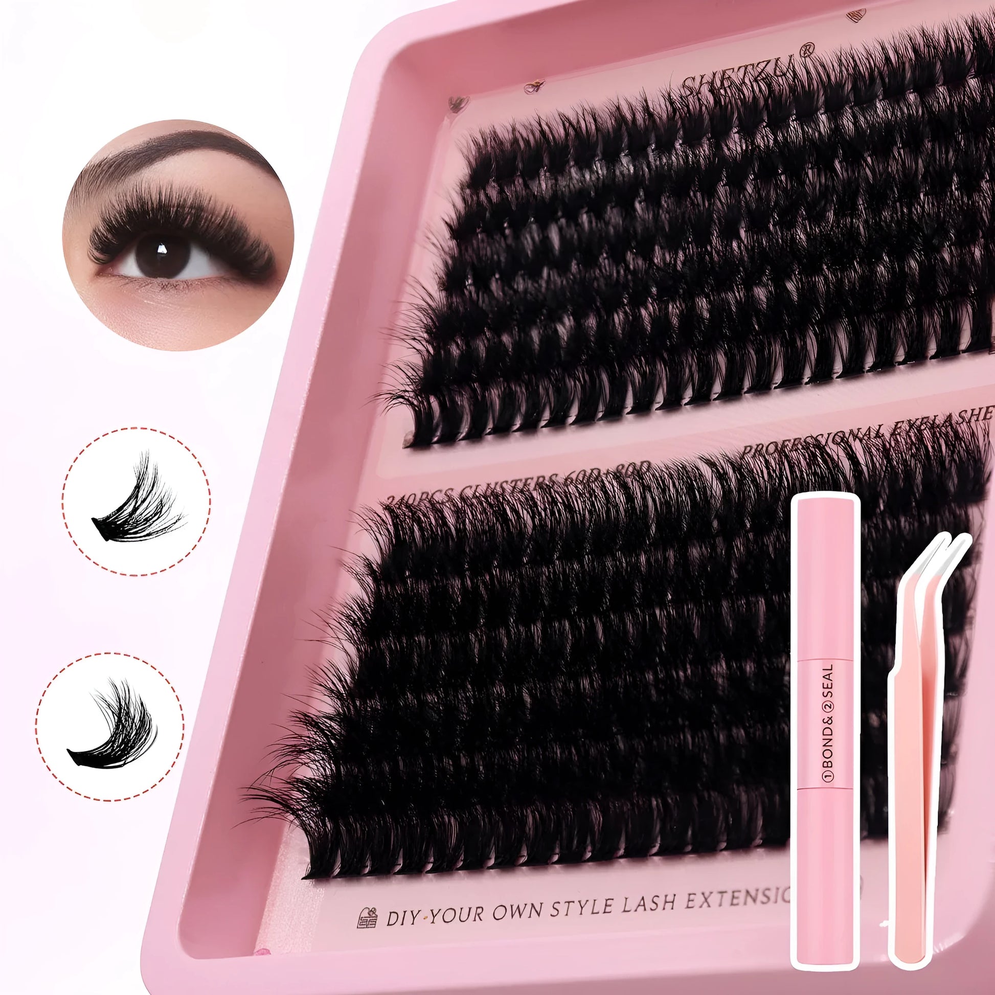 Set of thick, segmented false eyelashes in feather style showing 60D and 80D density options.