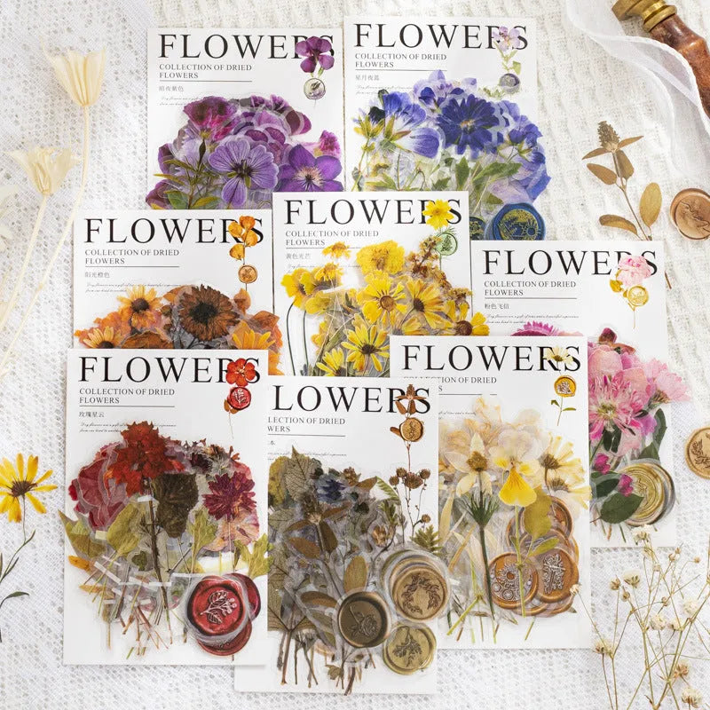 Fire Paint Creative dried flowers sticker package showing 8 modern art designs on 70mm PET sheets