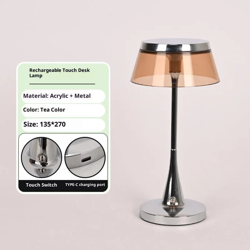 Rechargeable table lamp with aluminium acrylic body, touch dimming, D13.5 x H27cm, in transparent, grey or brown