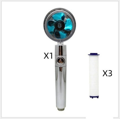 A high-pressure handheld shower head with a turbo-charged water flow and a cotton filter for a luxurious, spa-like bathing experience.