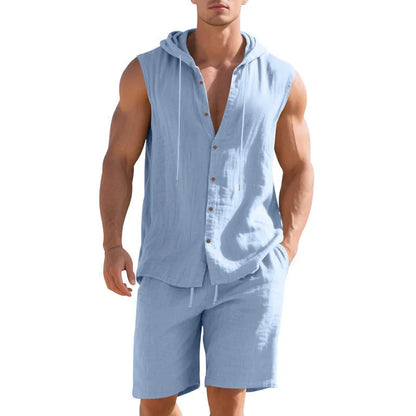 Men's linen sleeveless shirt and shorts suit in multiple colour options