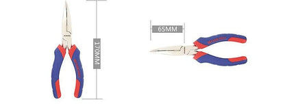 Blue double colour sleeve handle curved nose pliers with tapered jaws for precision work