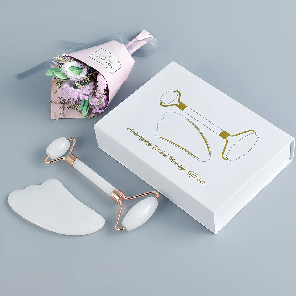 White jade facial roller set with double-headed design and scraping board for gua sha massage