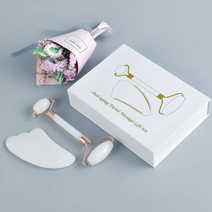 White jade facial roller set with double-headed design and scraping board for gua sha massage