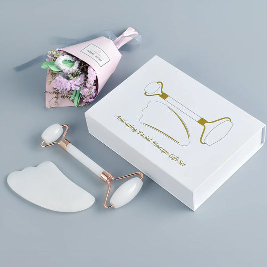 White jade facial roller set with double-headed design and scraping board for gua sha massage