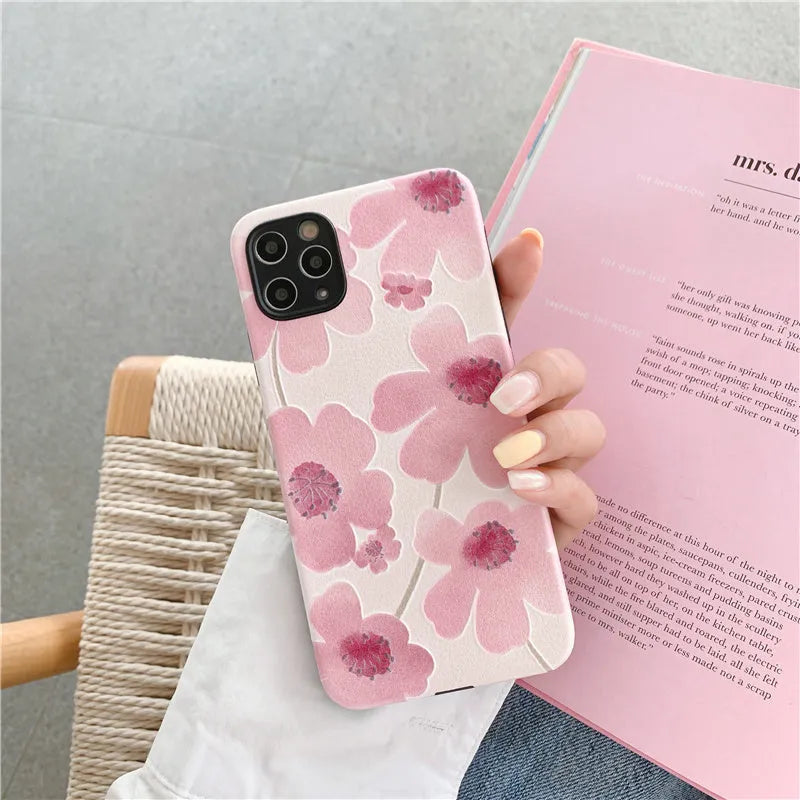 Pink soft rubber flower phone case for iPhone with lanyard hole