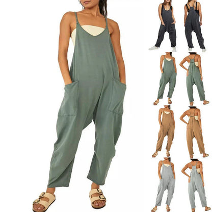 A stylish sleeveless jumpsuit with pockets and zipper closure, available in a variety of colors