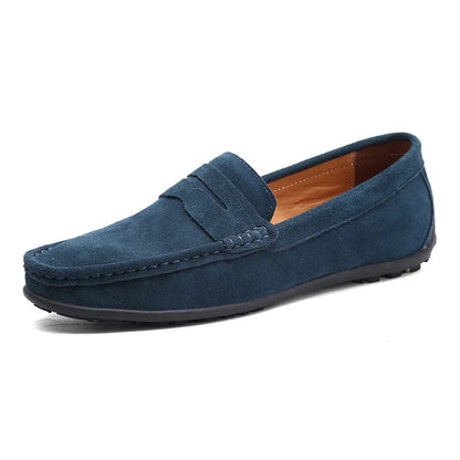 Men's suede casual loafers in brown with a round toe and rubber sole, shown in a UK plus size.
