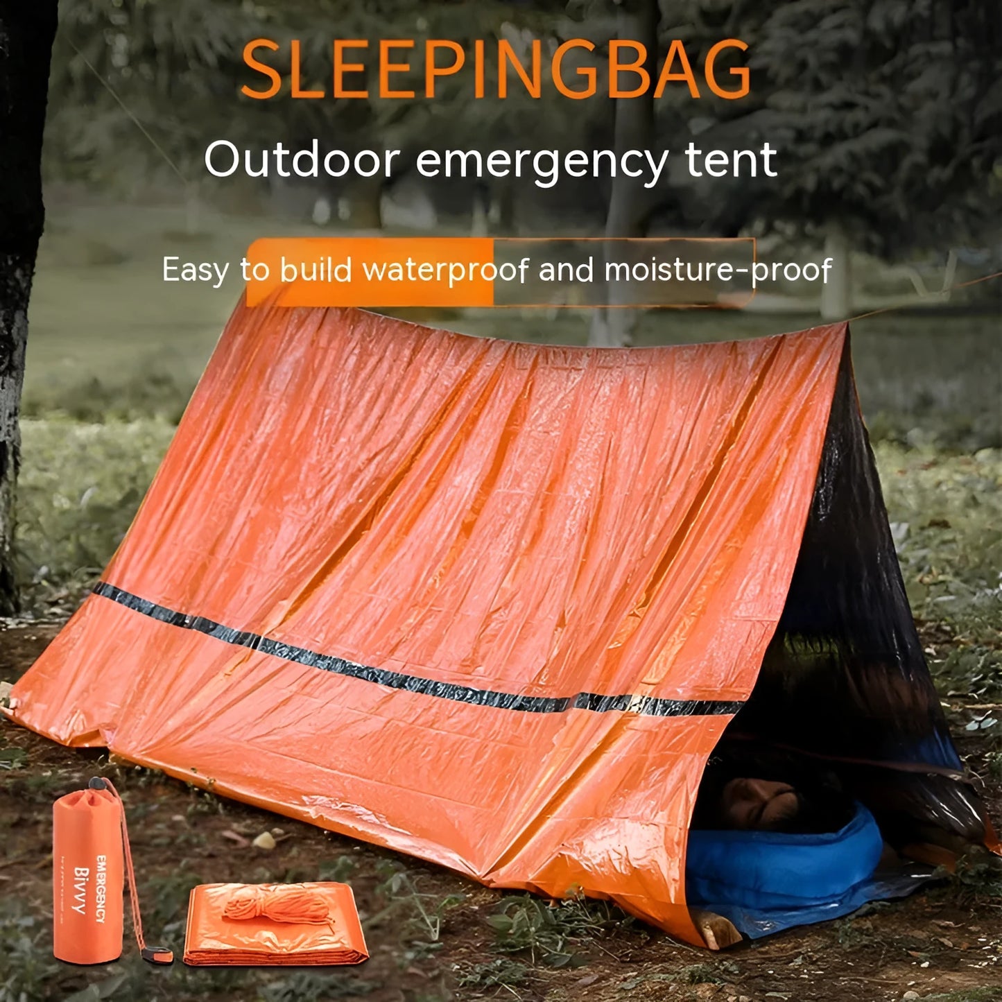 Orange emergency tent with sleeping bag and blanket disaster relief kit on ground