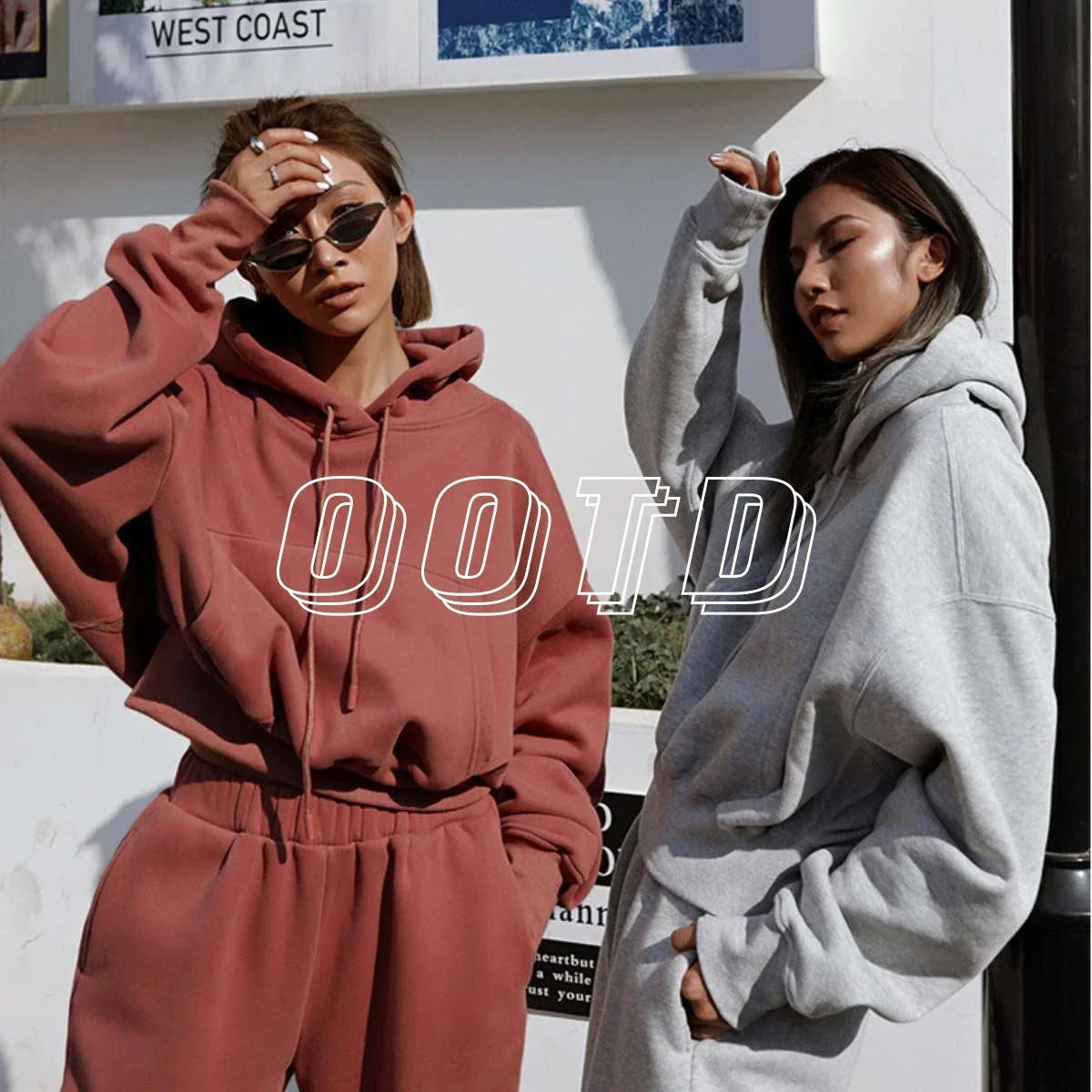 Women's polyester hoodie jacket and sports pants set in various colors for casual and athletic wear