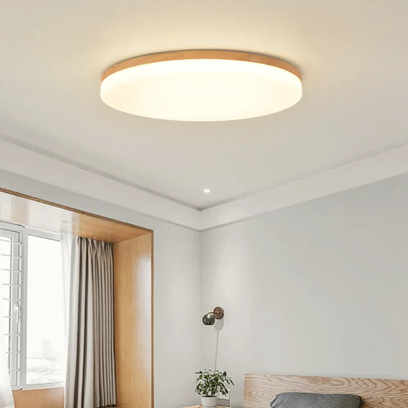 Japanese minimalist ceiling lamp with wood art body and acrylic shade in three diameter sizes