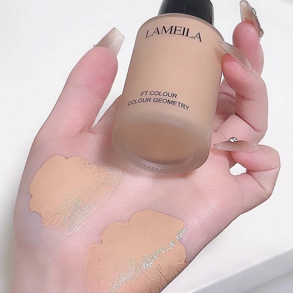 Moisturising concealer foundation bottle showing liquid texture with four shade options for skin tone correction