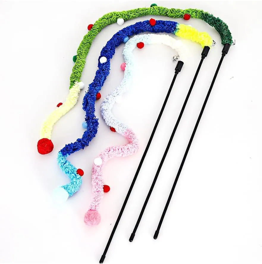 Interactive cat wand toy with plush strip, fluffy ball, and bells on a 41cm pole.