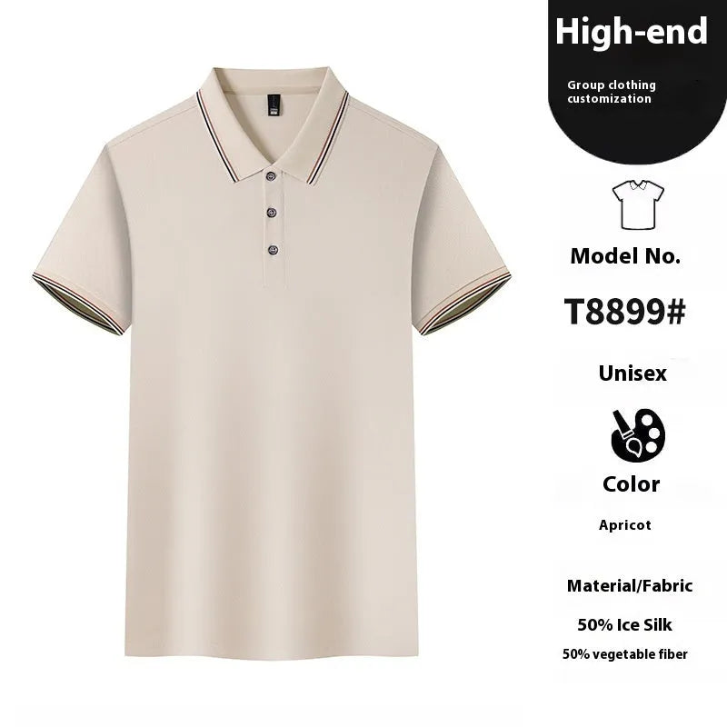 Solid colour Ice Silk polo shirt for work and casual wear in various colours on a hanger.