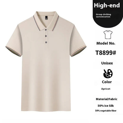 Solid colour Ice Silk polo shirt for work and casual wear in various colours on a hanger.